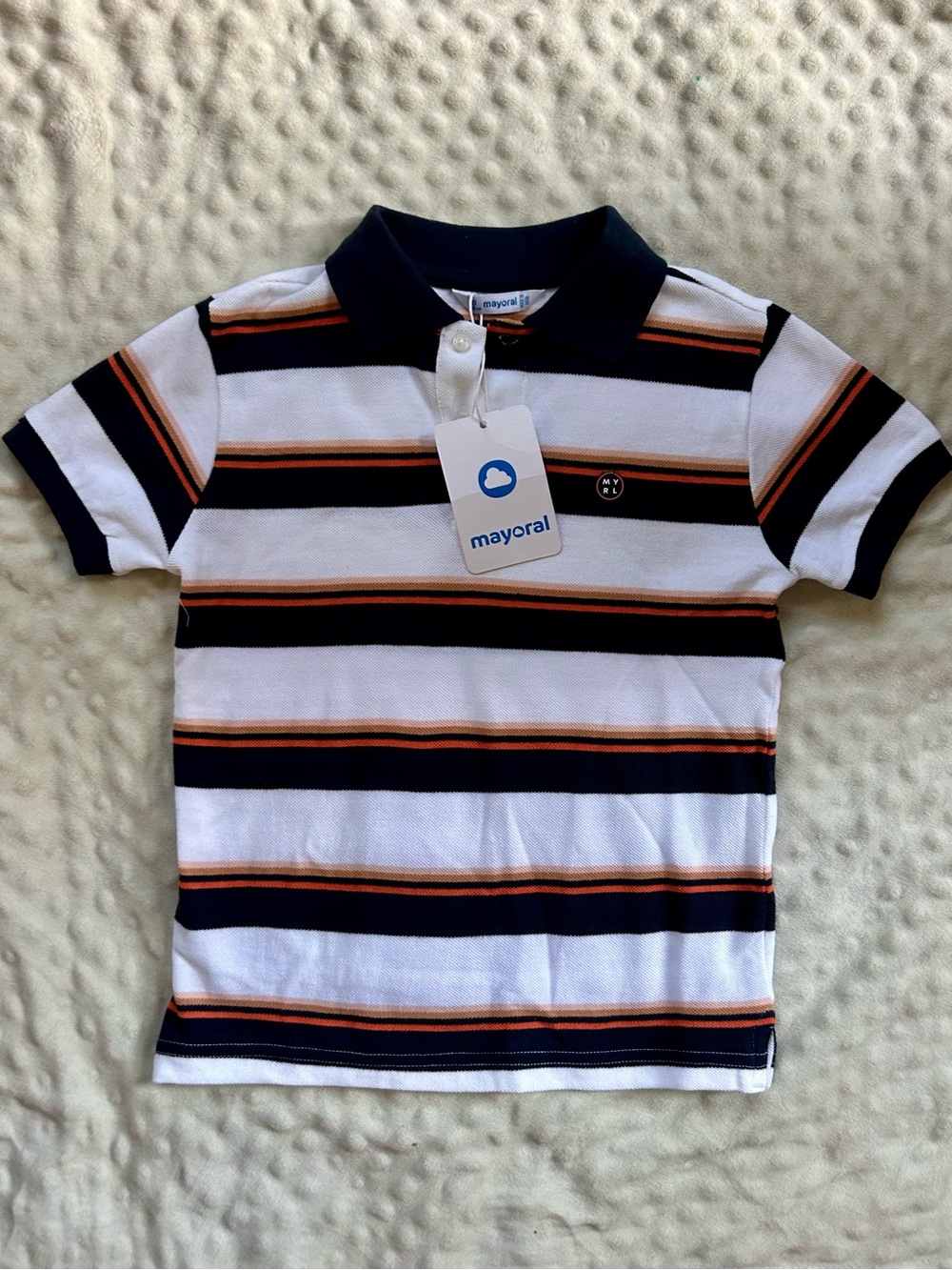 Mayoral White, Navy & Orange Striped Polo Shirt 6